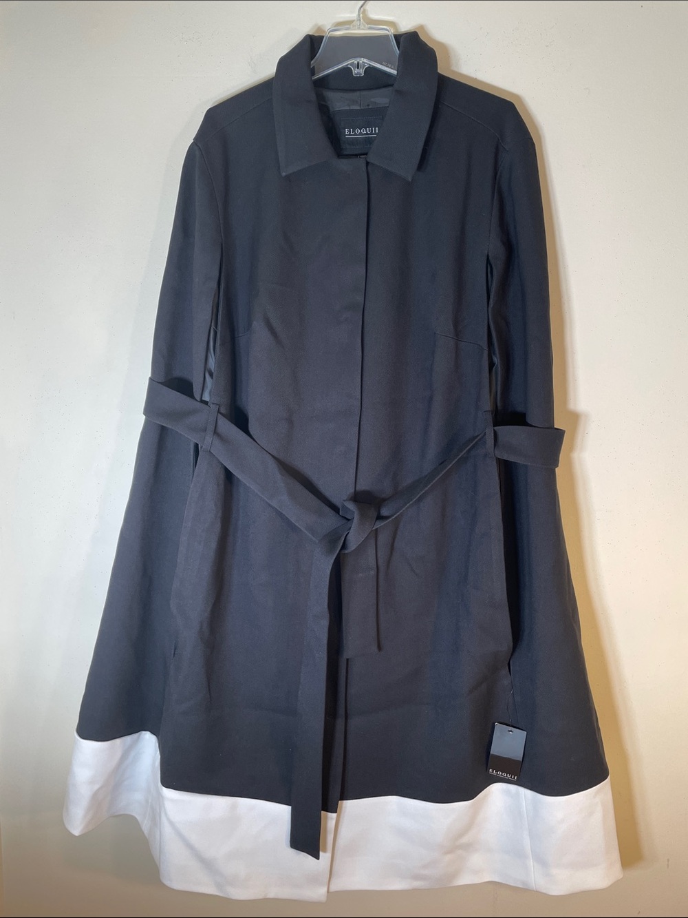Eloquii Black Coat with White Hem and Self-Tie Belt